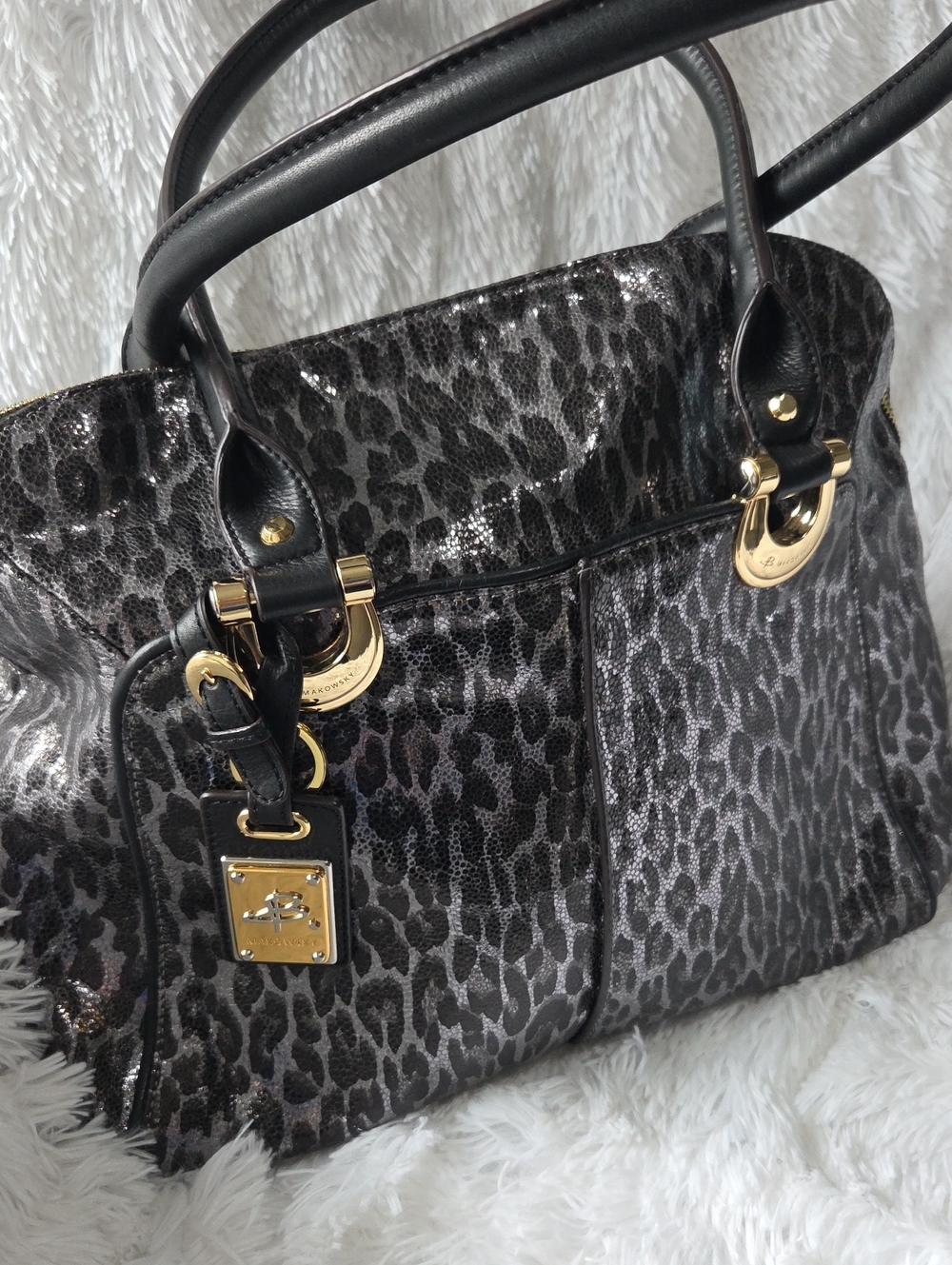 B Makosky Leopard Print Black & Gray  Large Satchel With Gold Hardware